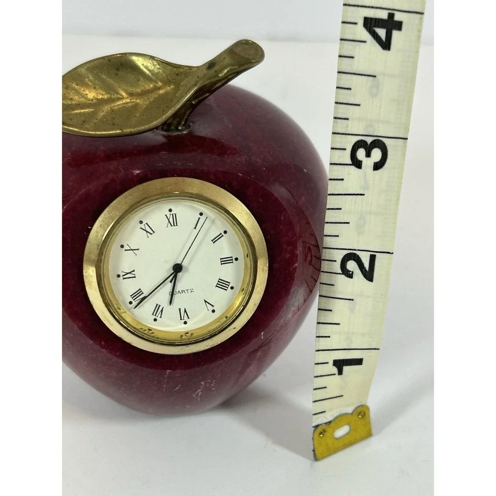 Vintage Red Apple Quartz Clock‎ Marble Alabaster Paperweight Desk Teacher